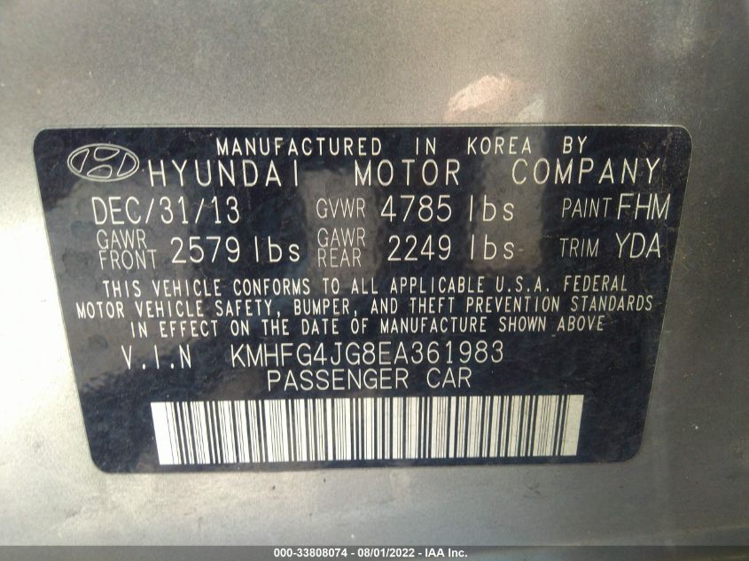 2014 HYUNDAI AZERA KMHFG4JG8EA361983