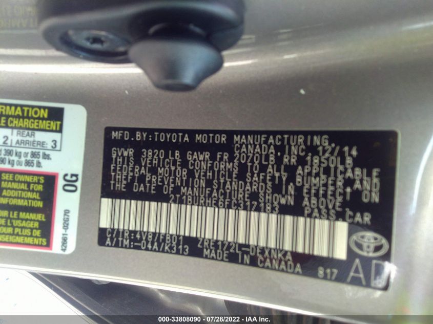 2015 TOYOTA COROLLA LE 2T1BURHE6FC317183