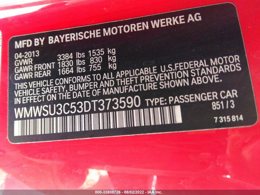 2013 MINI COOPER HARDTOP WMWSU3C53DT373590