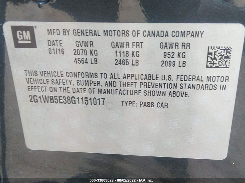 2016 CHEVROLET IMPALA LIMITED LT 2G1WB5E38G1151017