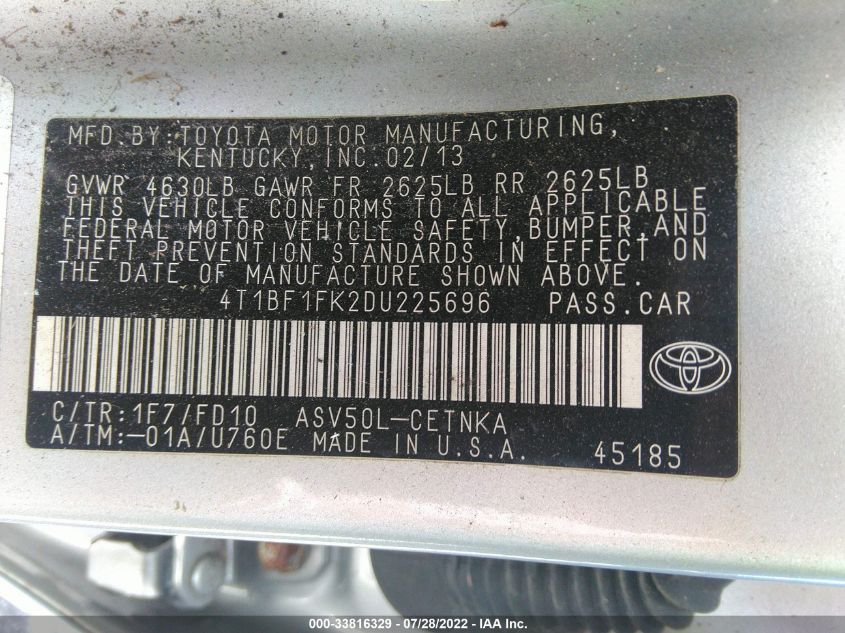 2013 TOYOTA CAMRY L/LE/SE/XLE 4T1BF1FK2DU225696