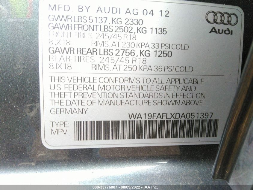 2013 AUDI ALLROAD PREMIUM WA19FAFLXDA051397