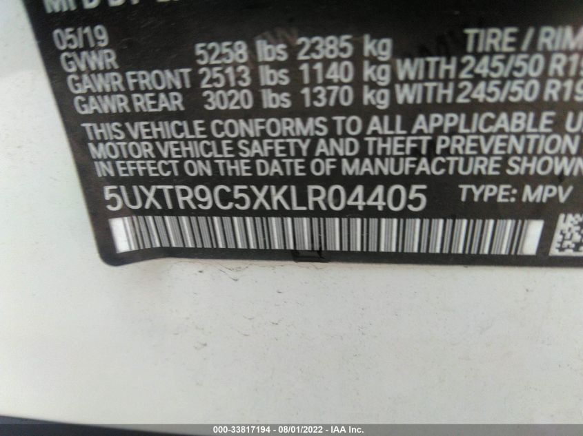 VIN 5UXTR9C5XKLR04405 2019 BMW X3 no.9