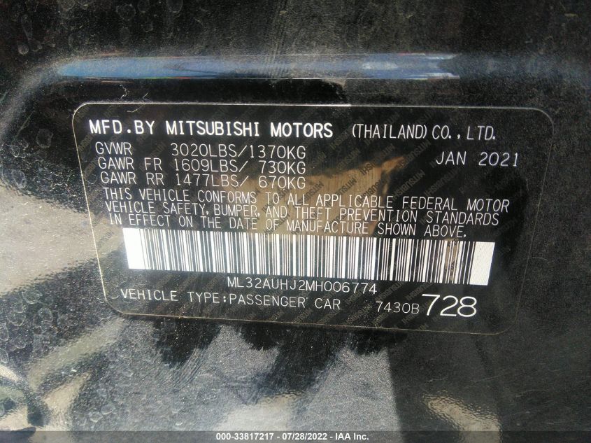2021 MITSUBISHI MIRAGE ES/LE/CARBONITE EDITION ML32AUHJ2MH006774