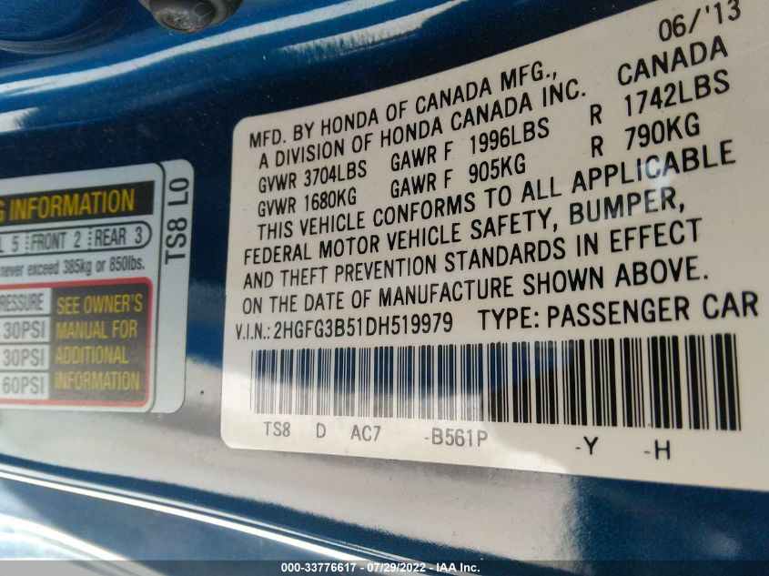 2013 HONDA CIVIC CPE LX 2HGFG3B51DH519979