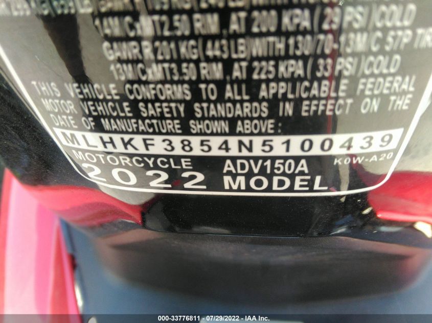 2022 HONDA ADV150 A MLHKF3854N5100439