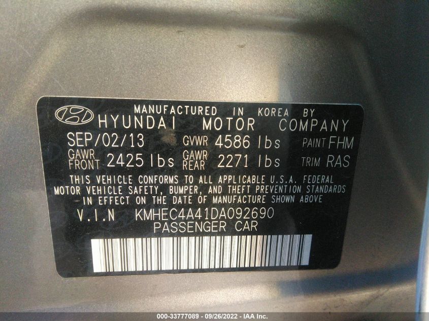 2013 HYUNDAI SONATA HYBRID LIMITED KMHEC4A41DA092690