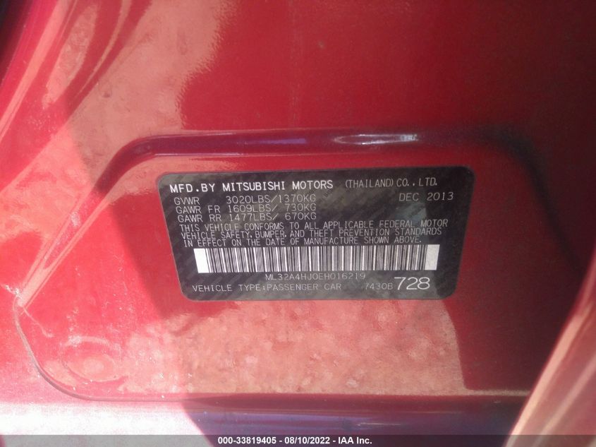 2014 MITSUBISHI MIRAGE ES ML32A4HJ0EH016219