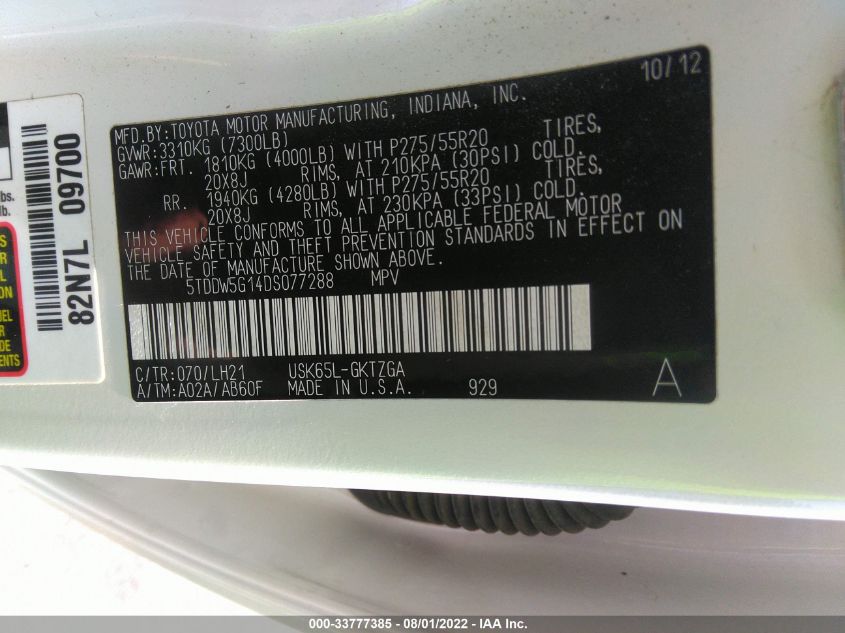 2013 TOYOTA SEQUOIA PLATINUM 5TDDW5G14DS077288