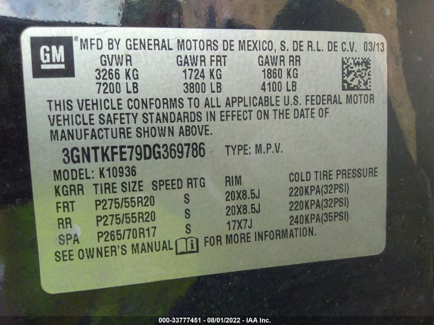 2013 CHEVROLET AVALANCHE LT 3GNTKFE79DG369786