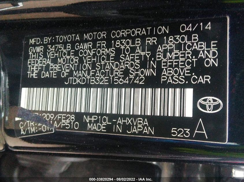 2014 TOYOTA PRIUS C ONE/THREE/TWO/FOUR JTDKDTB32E1564742