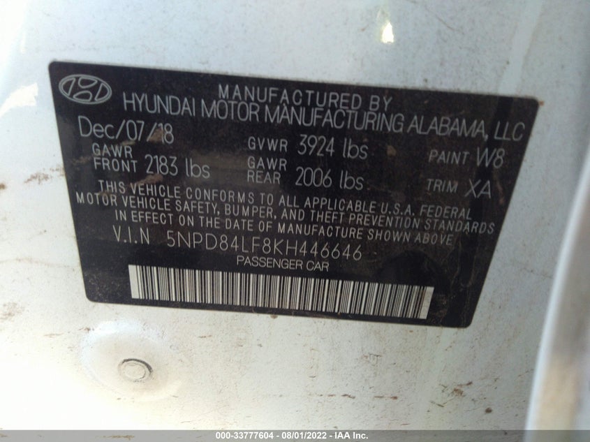 VIN 5NPD84LF8KH446646 2019 HYUNDAI ELANTRA SEL