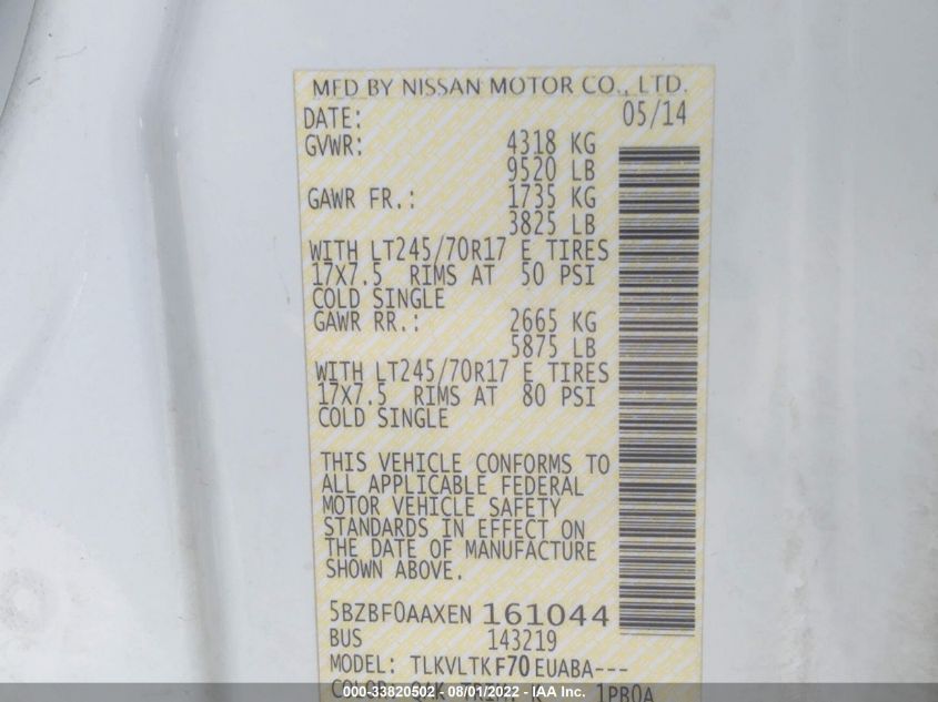 2014 NISSAN NVP SV 5BZBF0AAXEN161044