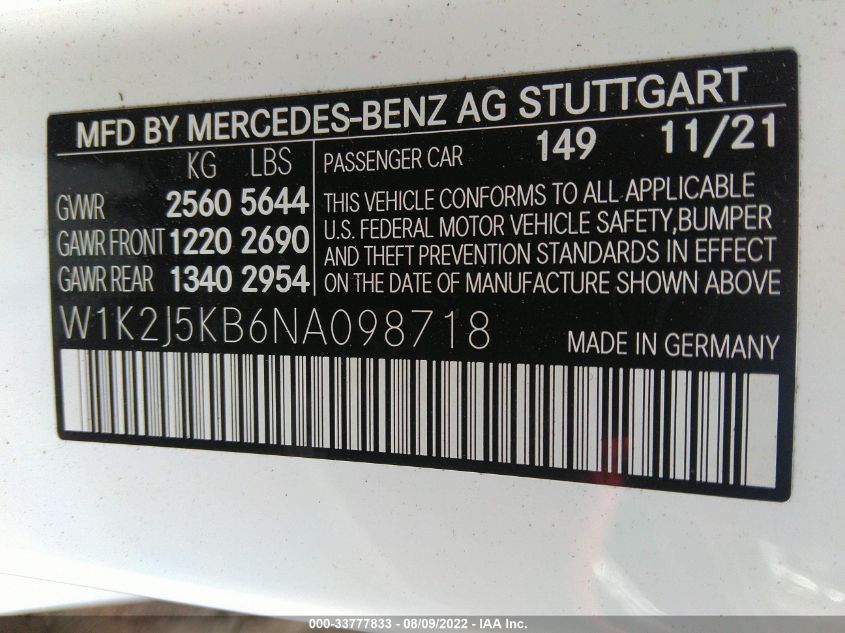 2022 MERCEDES-BENZ CLS CLS 450 W1K2J5KB6NA098718