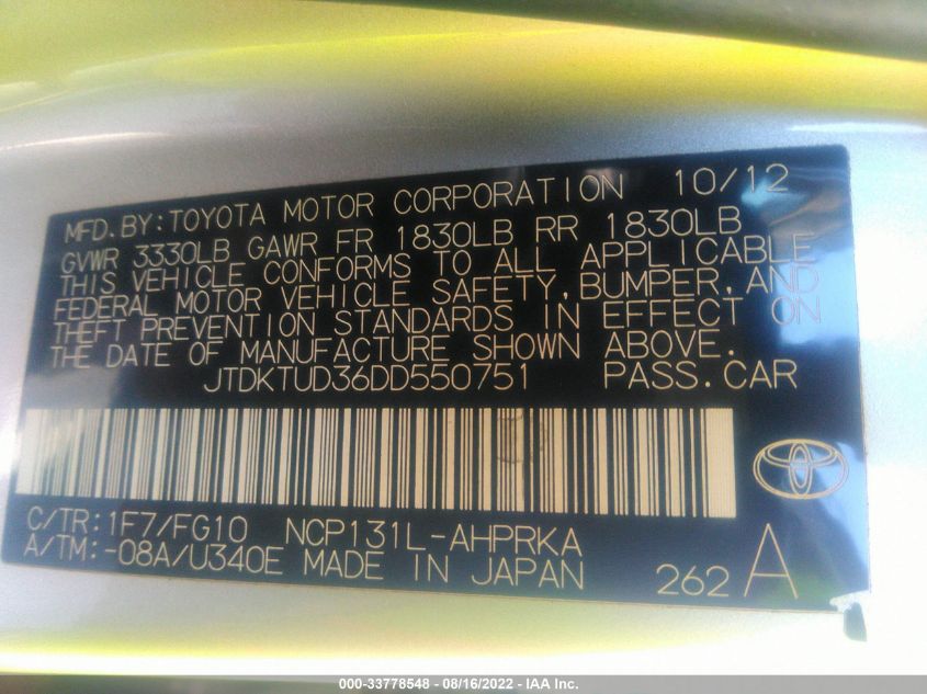 2013 TOYOTA YARIS LE JTDKTUD36DD550751