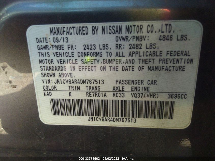 2013 INFINITI G37 SEDAN X JN1CV6AR4DM767513