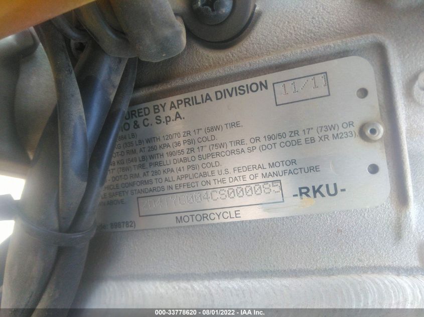 2012 APRILIA TUONO VR4 ZD4TYC004CS000085