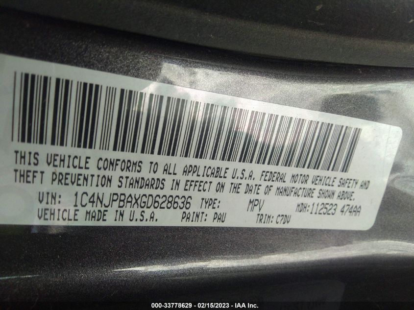 2016 JEEP PATRIOT SPORT - 1C4NJPBAXGD628636