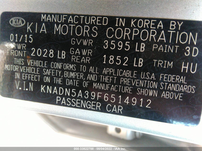 2015 KIA RIO VIN: KNADN5A39F6514912