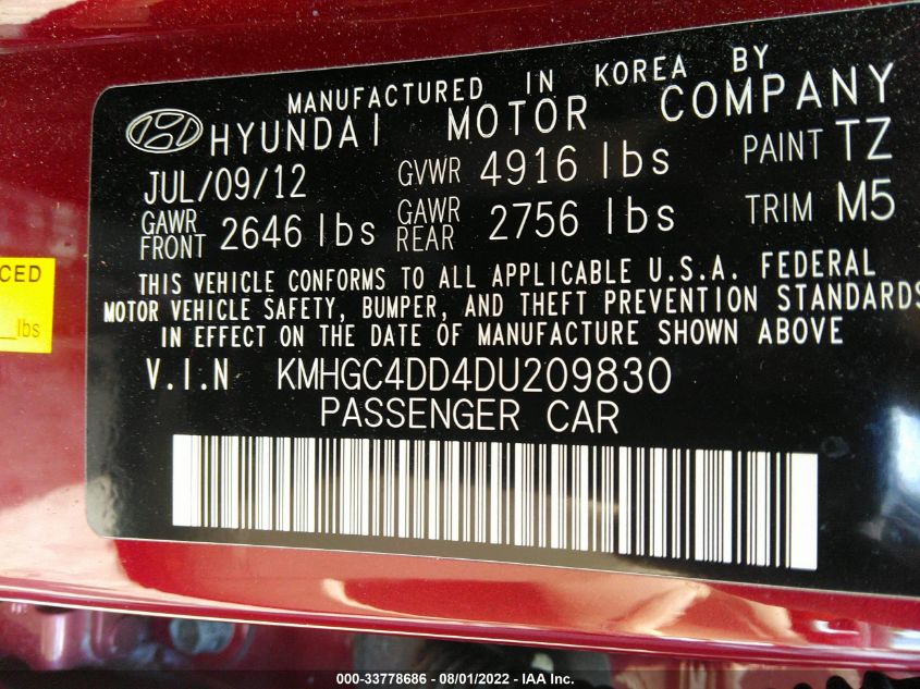 2013 HYUNDAI GENESIS 3.8L KMHGC4DD4DU209830