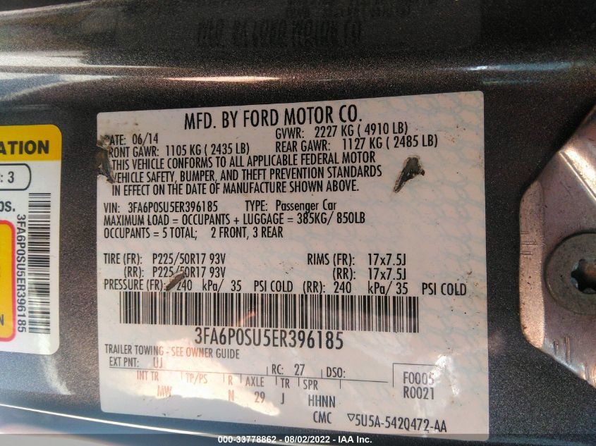 2014 FORD FUSION ENERGI TITANIUM 3FA6P0SU5ER396185