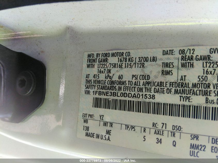2013 FORD ECONOLINE WAGON XL/XLT 1FBNE3BL0DDA01538