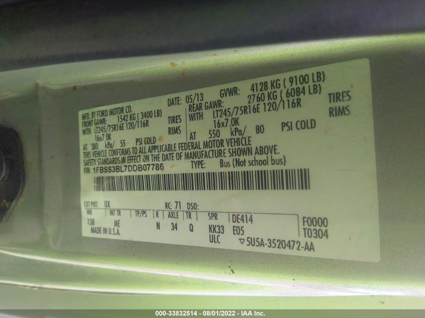 2013 FORD ECONOLINE WAGON XL/XLT 1FBSS3BL7DDB07786