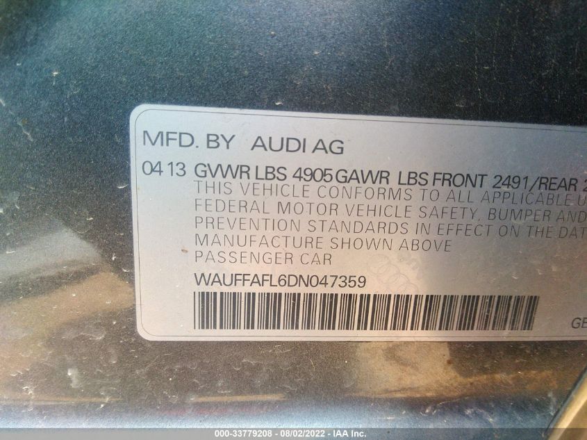 2013 AUDI A4 PREMIUM PLUS WAUFFAFL6DN047359