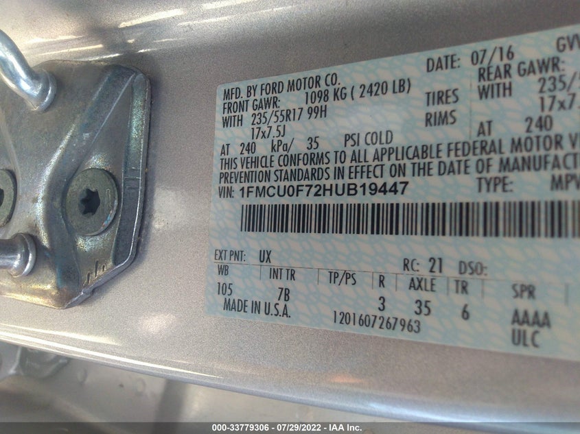 VIN 1FMCU0F72HUB19447 2017 FORD ESCAPE S
