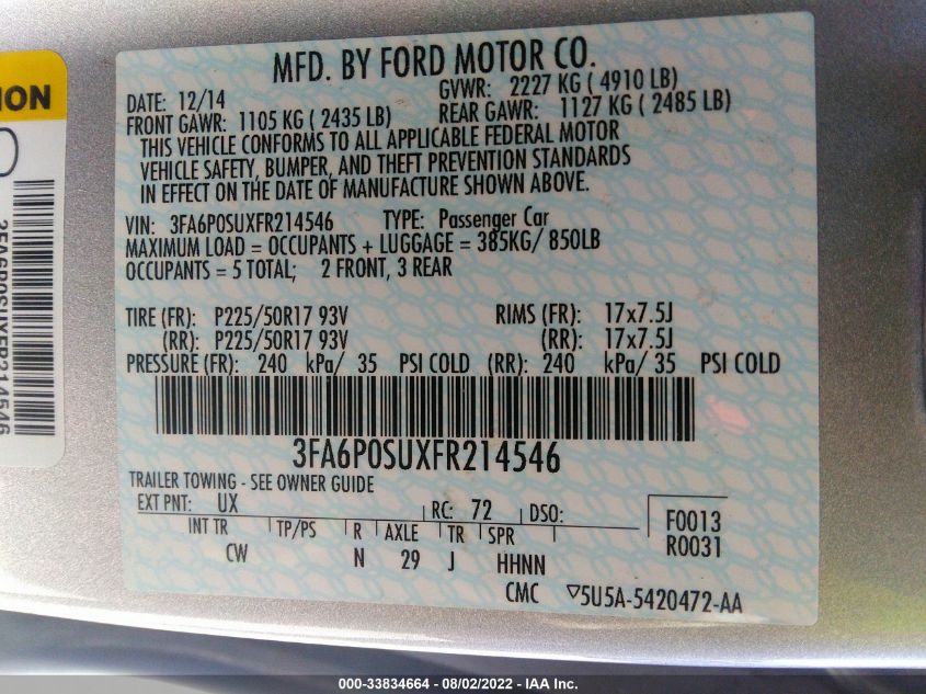 2015 FORD FUSION ENERGI TITANIUM 3FA6P0SUXFR214546