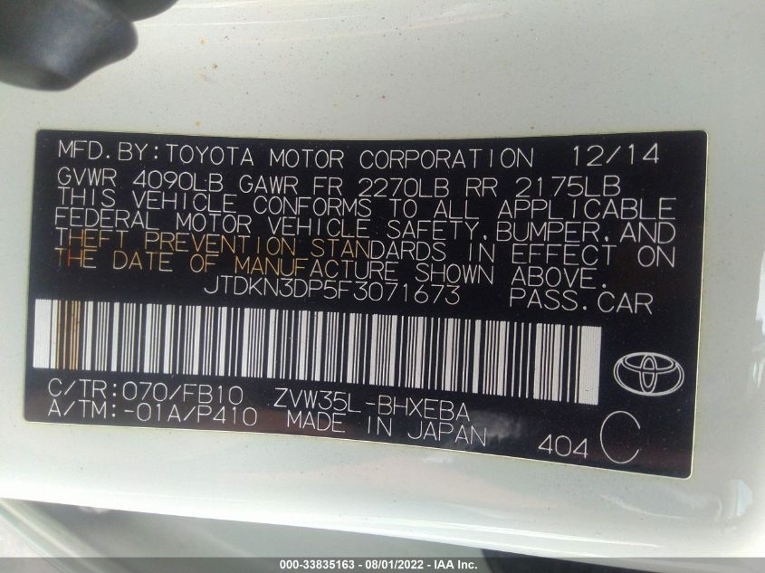 2015 TOYOTA PRIUS PLUG-IN JTDKN3DP5F3071673