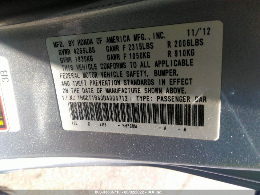 2013 HONDA ACCORD CPE EX-L 1HGCT1B80DA004712