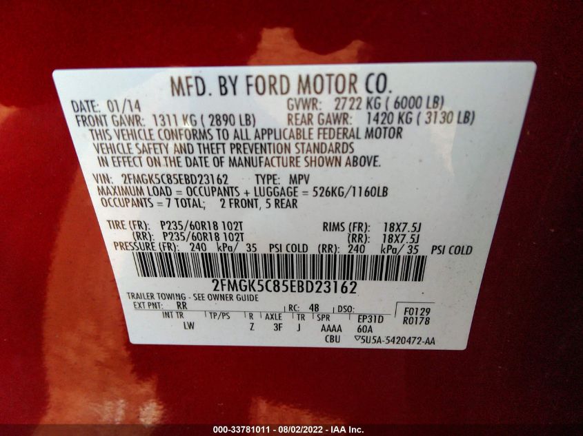 2014 FORD FLEX SEL 2FMGK5C85EBD23162