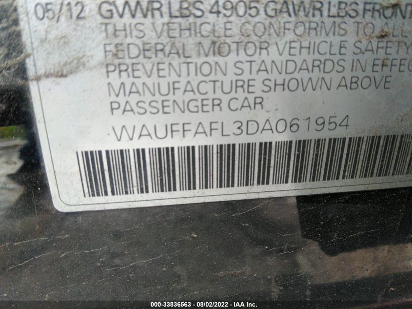 2013 AUDI A4 PREMIUM PLUS WAUFFAFL3DA061954