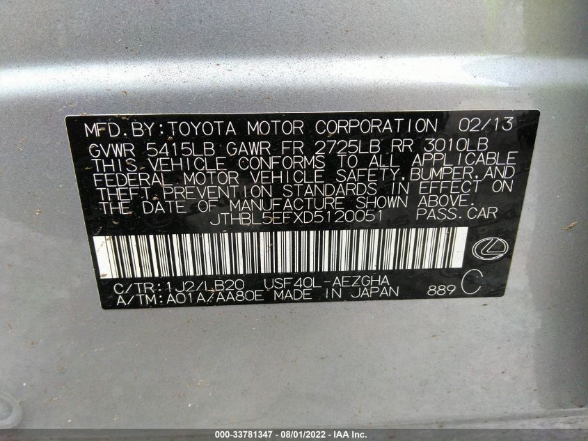 2013 LEXUS LS 460 JTHBL5EFXD5120051