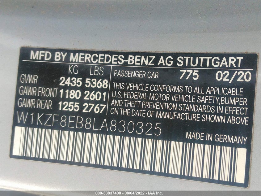 Auction sale of the 2020 Mercedes Benz E CLASS , vin: W1KZF8EB8LA830325, lot number: 33837408
