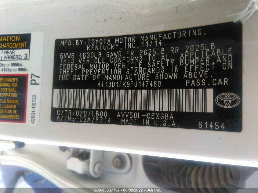 2015 TOYOTA CAMRY HYBRID XLE 4T1BD1FK9FU147460