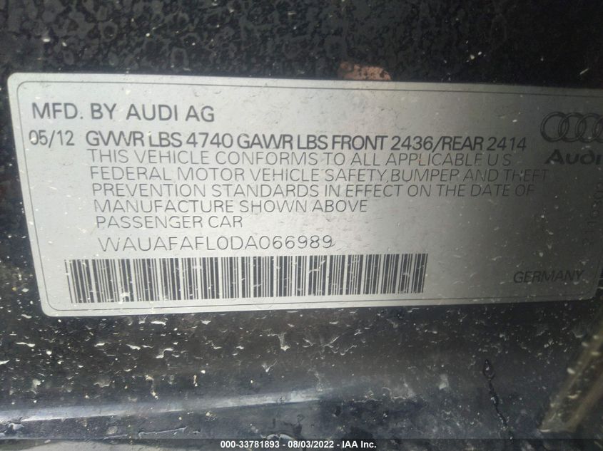 2013 AUDI A4 PREMIUM WAUAFAFL0DA066989
