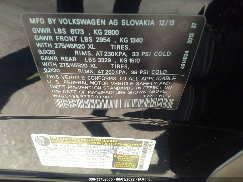 2014 VOLKSWAGEN TOUAREG SPORT WVGEF9BP7ED007462