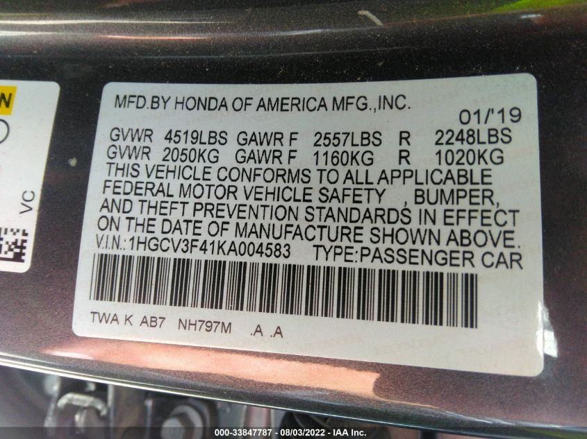 2019 HONDA ACCORD HYBRID EX 1HGCV3F41KA004583