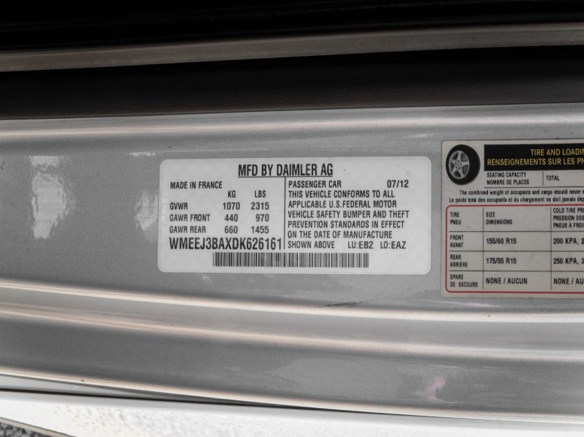 2013 SMART FORTWO PURE/PASSION WMEEJ3BAXDK626161