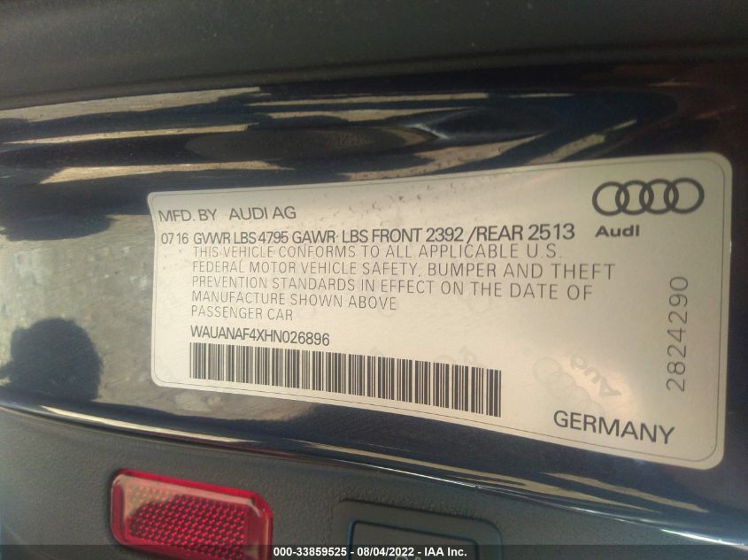 2017 AUDI A4 PREMIUM WAUANAF4XHN026896
