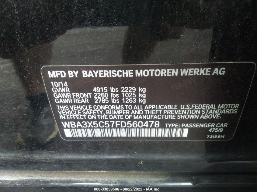 2015 BMW 3 SERIES GRAN TURISMO 328I XDRIVE WBA3X5C57FD560478