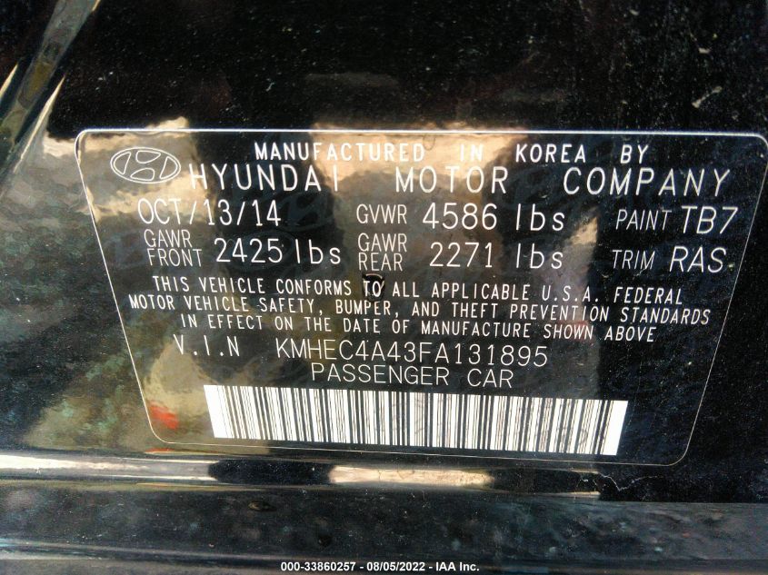 2015 HYUNDAI SONATA HYBRID LIMITED KMHEC4A43FA131895