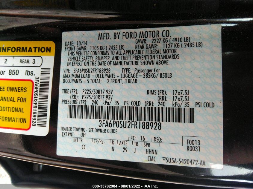 2015 FORD FUSION ENERGI TITANIUM 3FA6P0SU2FR188928