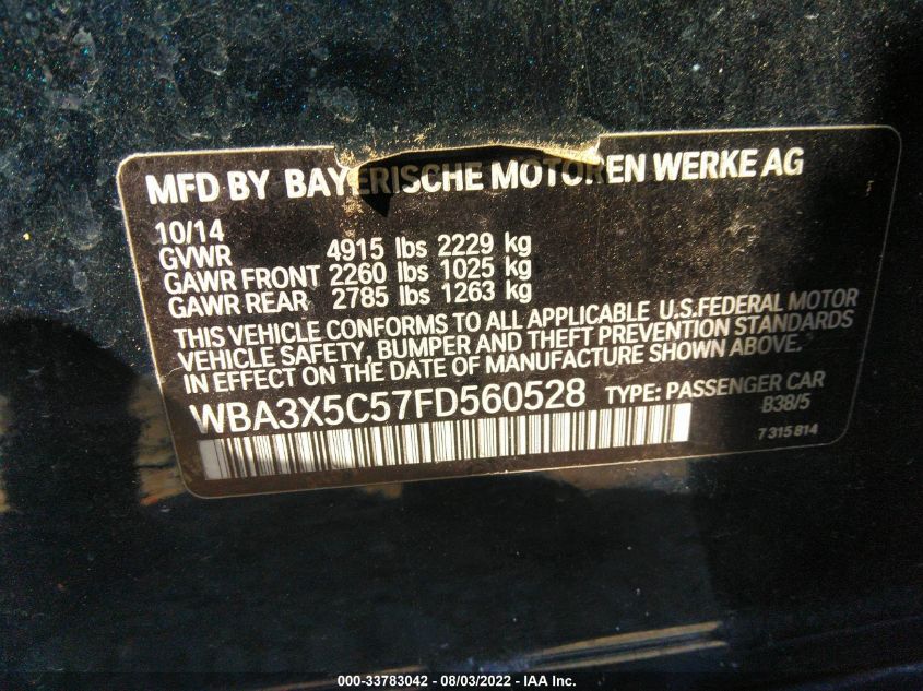 2015 BMW 3 SERIES GRAN TURISMO 328I XDRIVE WBA3X5C57FD560528