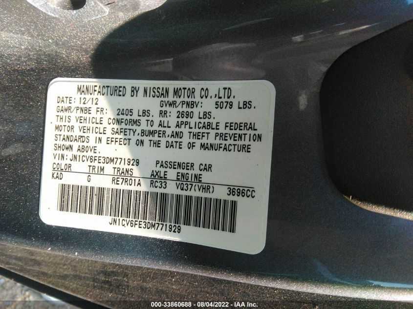 2013 INFINITI G37 CONVERTIBLE BASE JN1CV6FE3DM771929