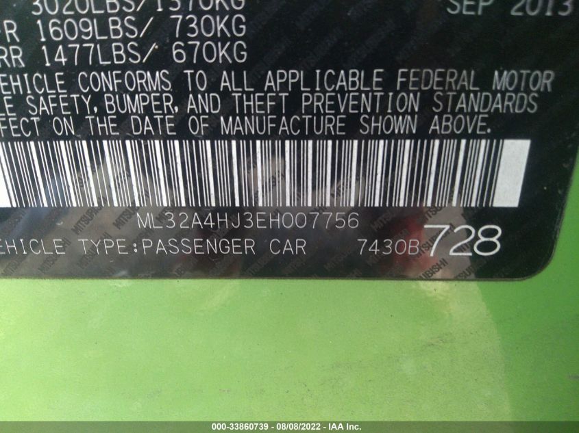 2014 MITSUBISHI MIRAGE ES ML32A4HJ3EH007756