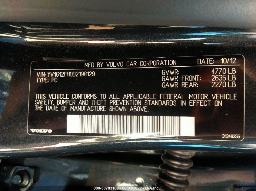 2013 VOLVO S60 T5 YV1612FH0D2198129