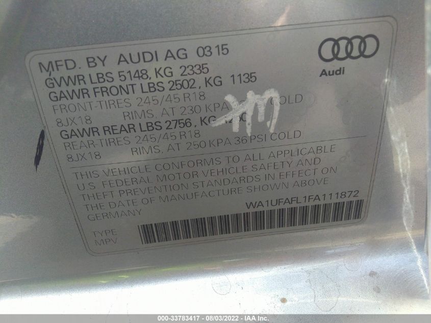 2015 AUDI ALLROAD PREMIUM PLUS WA1UFAFL1FA111872